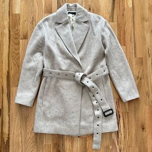 The Row Wool Cashmere Tan Belted Coat with Ostrich Trim – Size S – Made in USA